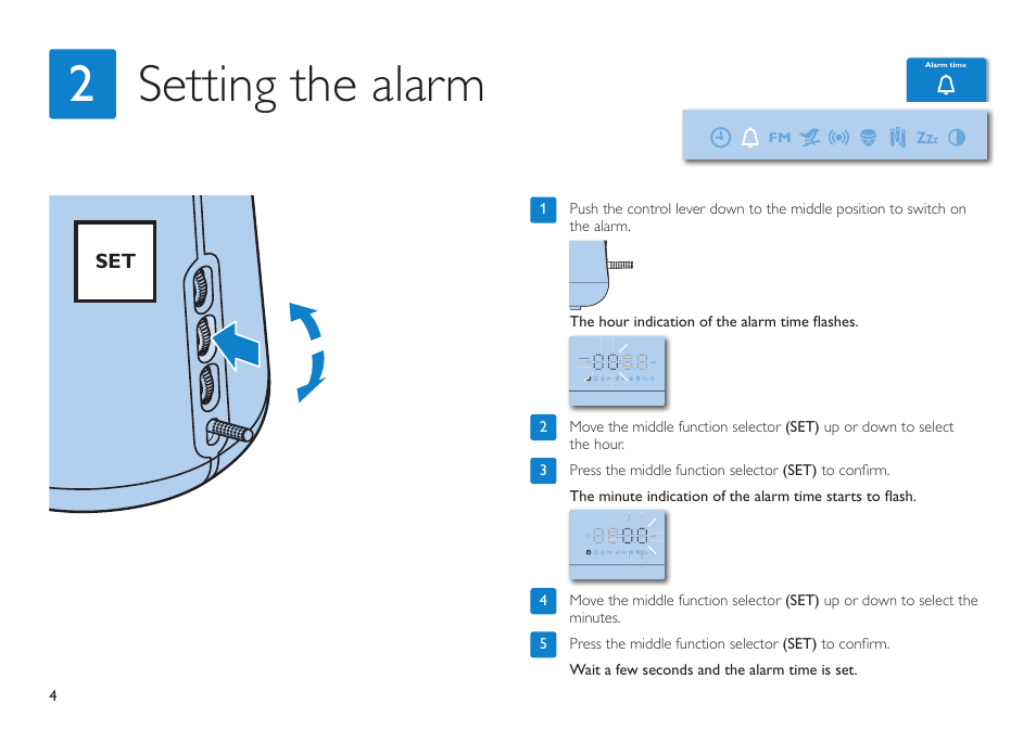 Setting the alarm 2 | Philips HF3480/60 User Manual | Page 4 / 24