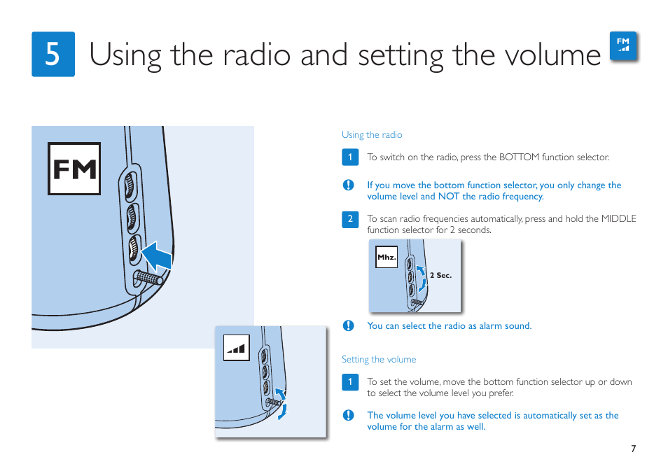 Using the radio and setting the volume 5, Quick start card | Philips HF3480/60 User Manual | Page 7 / 24