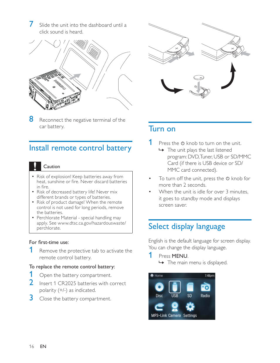 Turn on 1, Select display language, Install remote control battery | Philips CED228 User Manual | Page 15 / 33