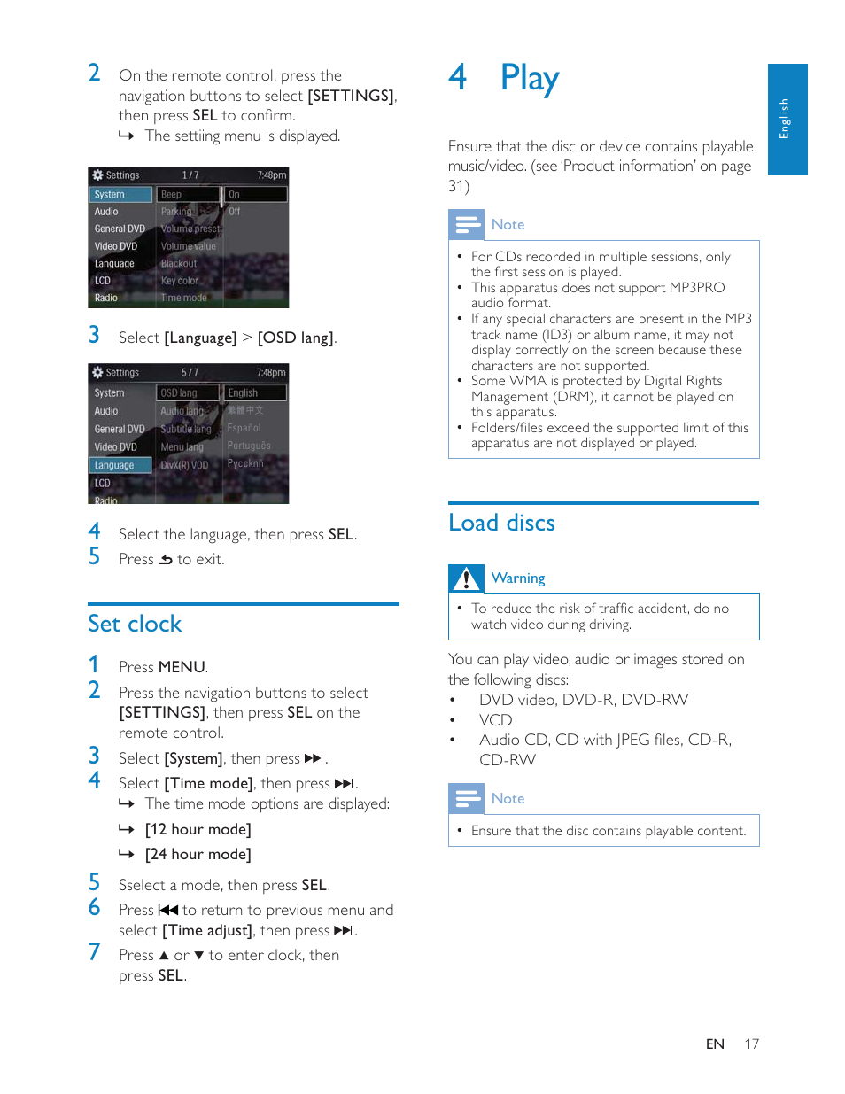 4 play, Load discs, Set clock 1 | Philips CED228 User Manual | Page 16 / 33