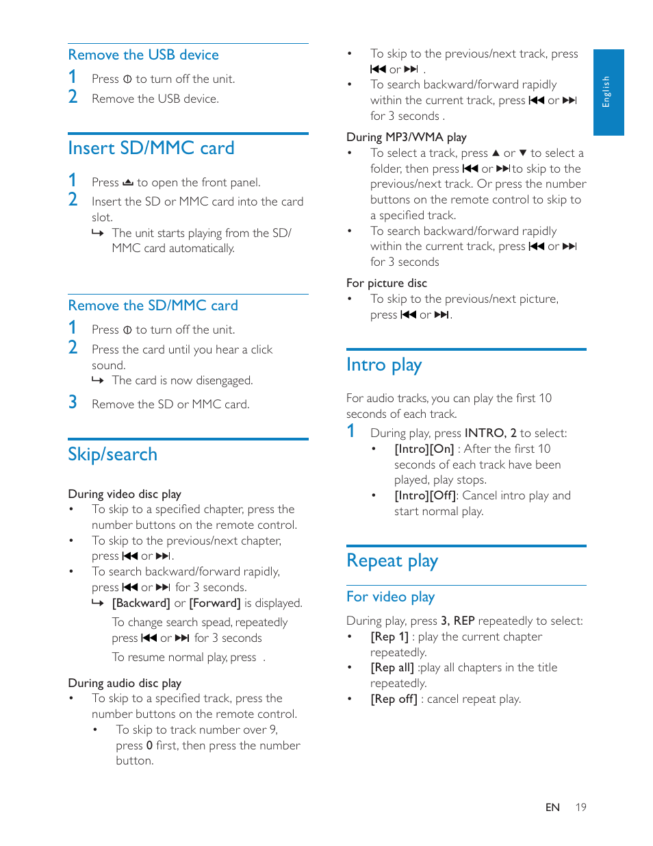 Intro play, Repeat play, Insert sd/mmc card 1 | Skip/search | Philips CED228 User Manual | Page 18 / 33