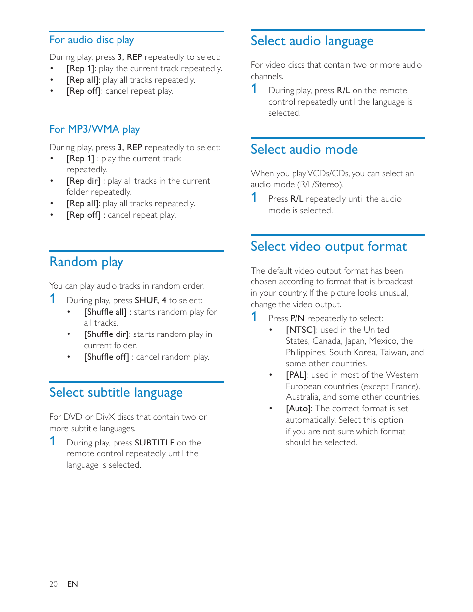 Select audio language, Select audio mode, Select video output format | Random play, Select subtitle language | Philips CED228 User Manual | Page 19 / 33