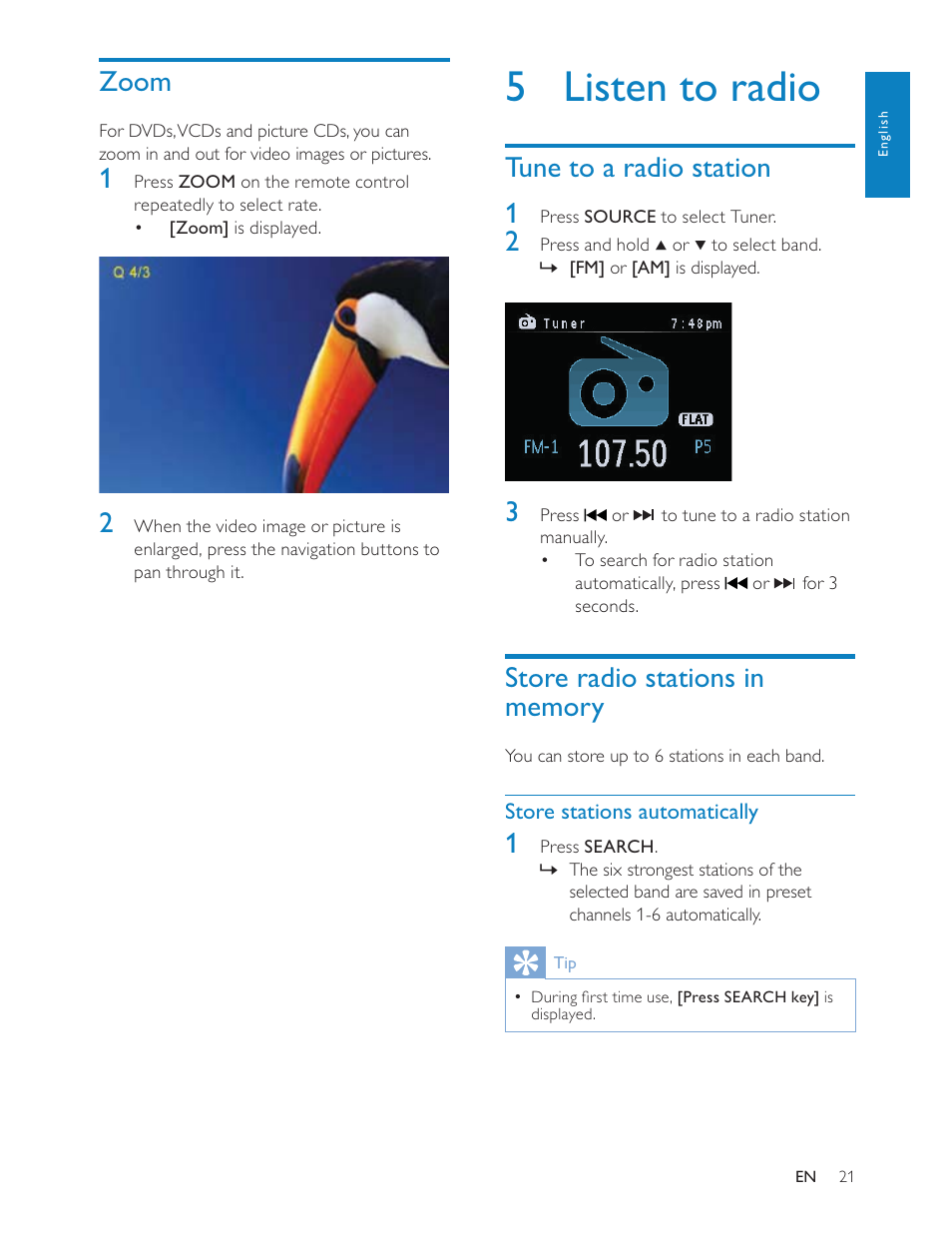 5 listen to radio, Tune to a radio station 1, Zoom | Philips CED228 User Manual | Page 20 / 33