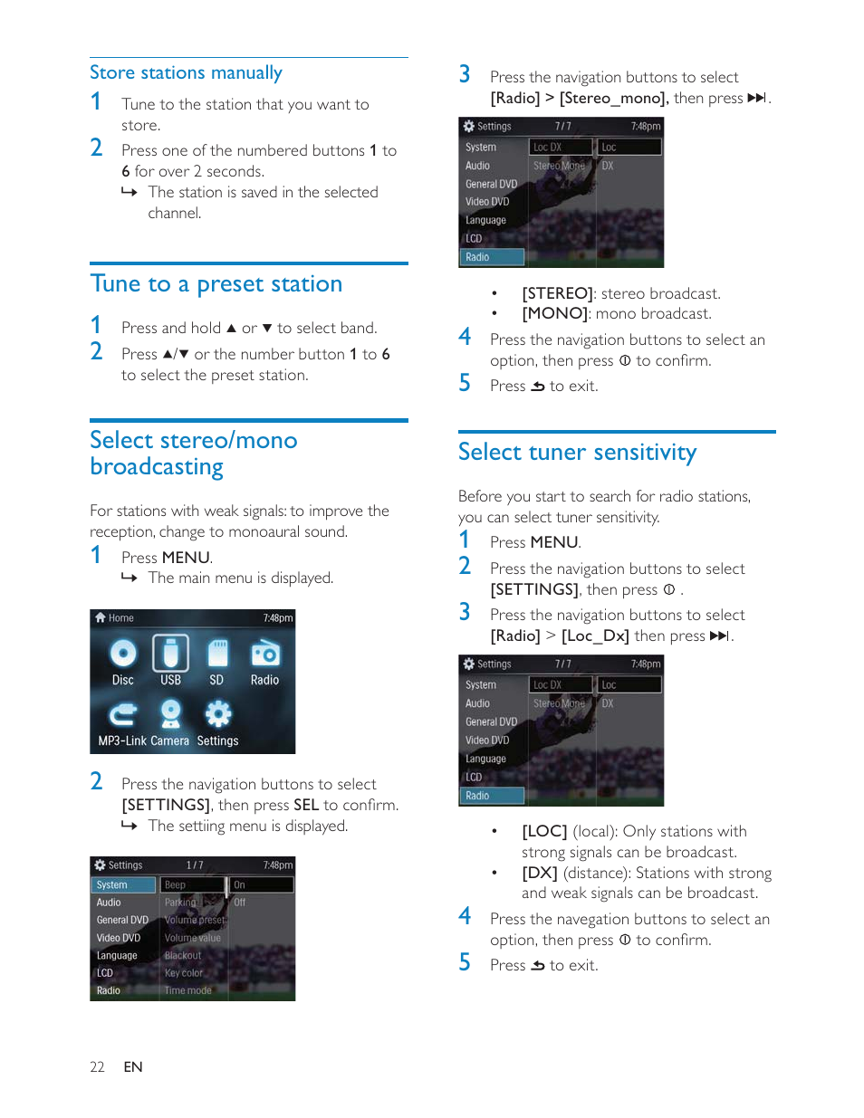 Select tuner sensitivity, Tune to a preset station 1, Select stereo/mono broadcasting | Philips CED228 User Manual | Page 21 / 33