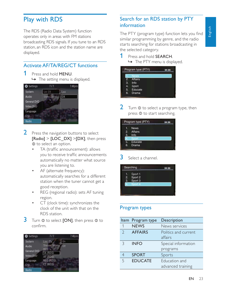 Play with rds, Search for an rds station by pty information, Program types | Activate af/ta/reg/ct functions | Philips CED228 User Manual | Page 22 / 33