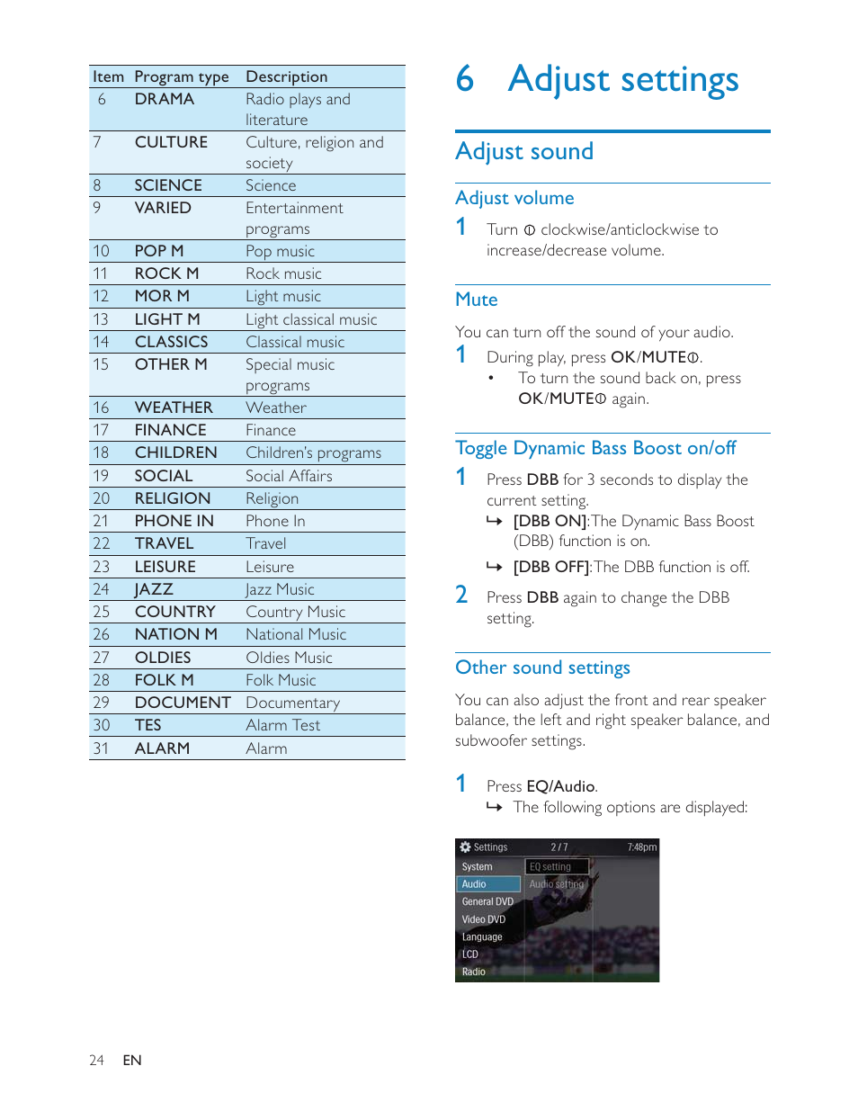 6 adjust settings, Adjust sound | Philips CED228 User Manual | Page 23 / 33