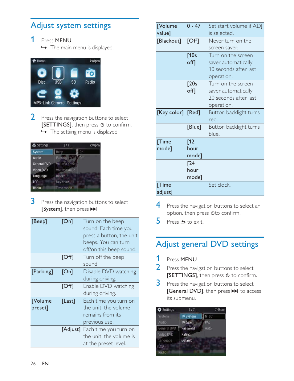 Adjust general dvd settings 1, Adjust system settings 1 | Philips CED228 User Manual | Page 25 / 33