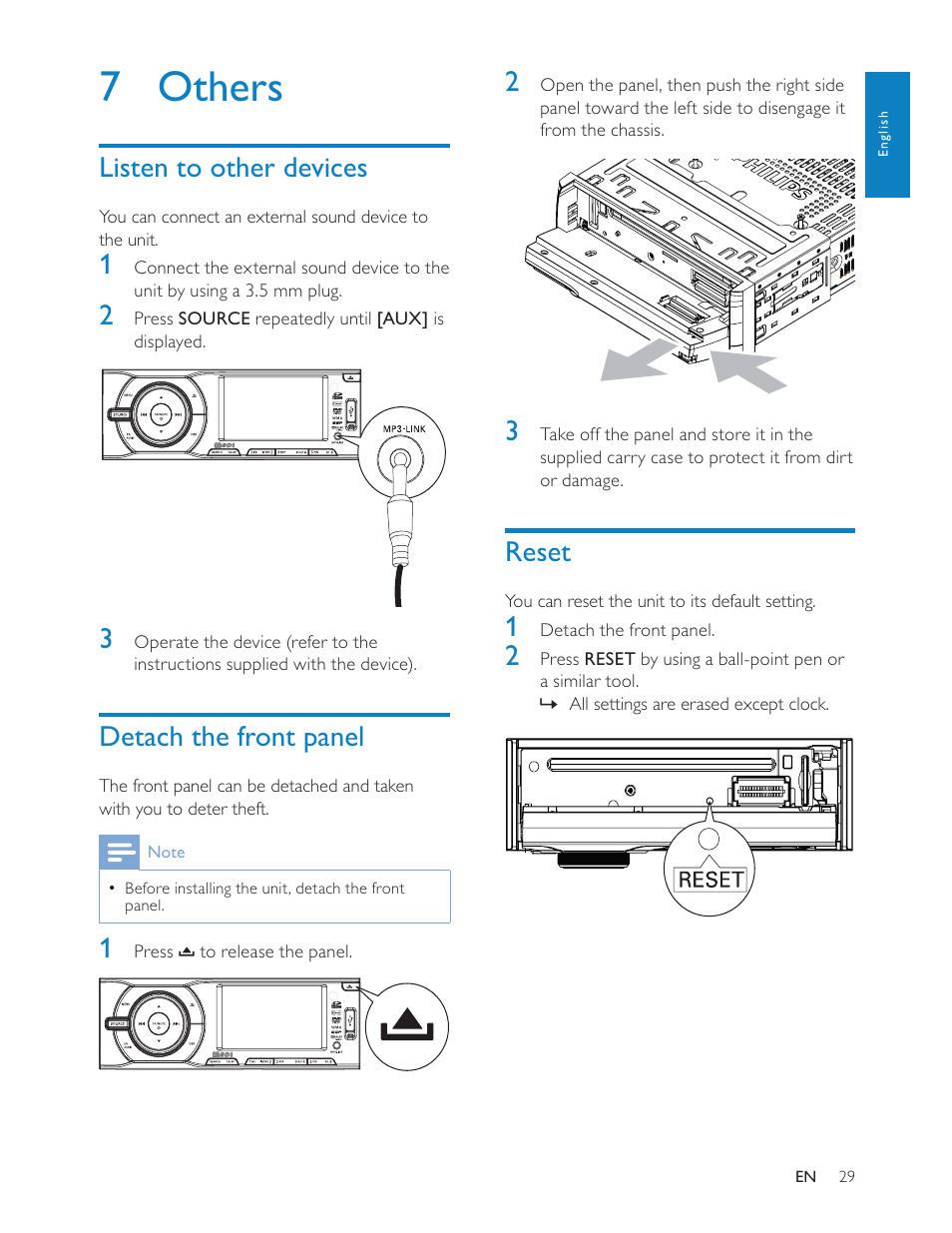 7 others, Reset, Listen to other devices | Detach the front panel | Philips CED228 User Manual | Page 28 / 33