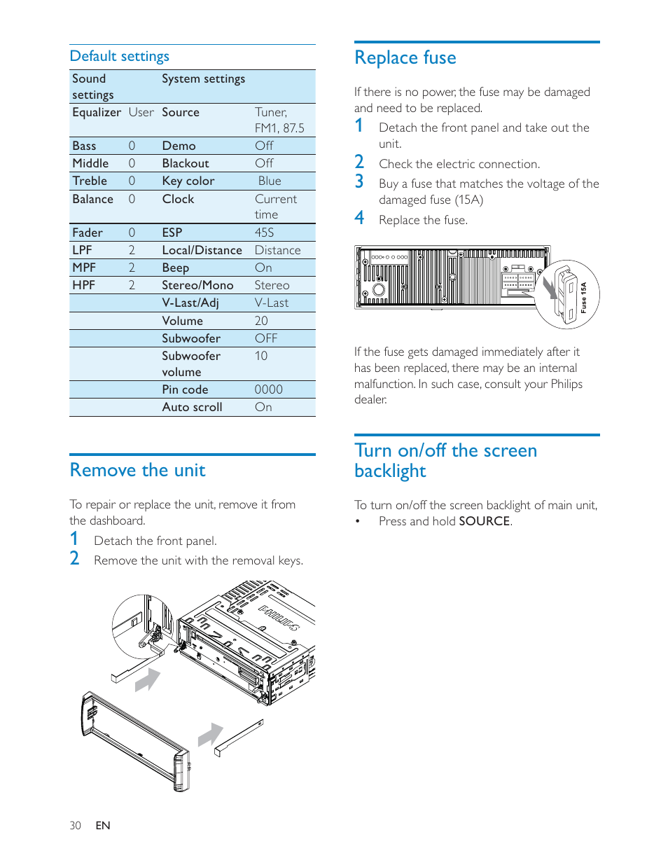 Replace fuse, Turn on/off the screen backlight, Remove the unit | Philips CED228 User Manual | Page 29 / 33