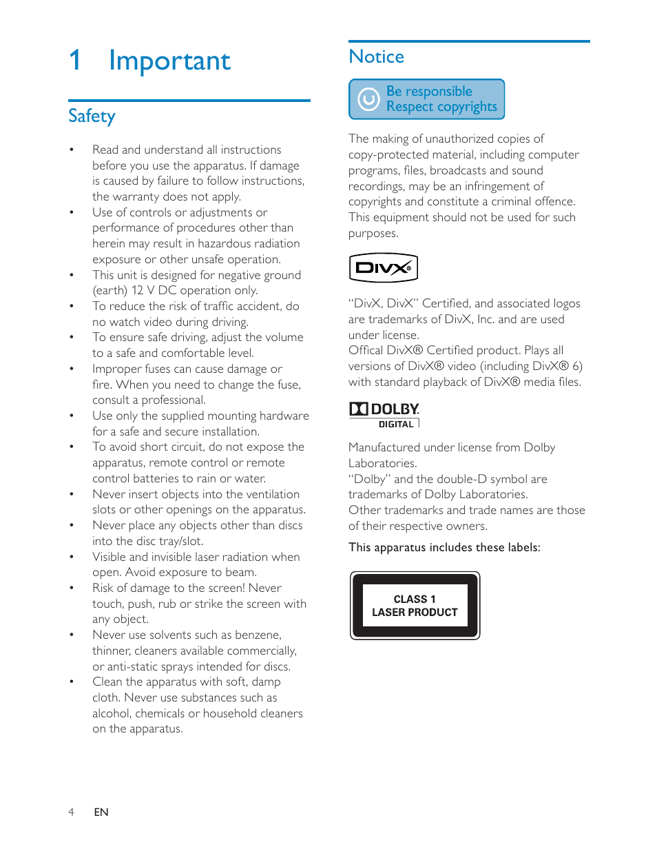 1 important, Notice, Safety | Philips CED228 User Manual | Page 3 / 33