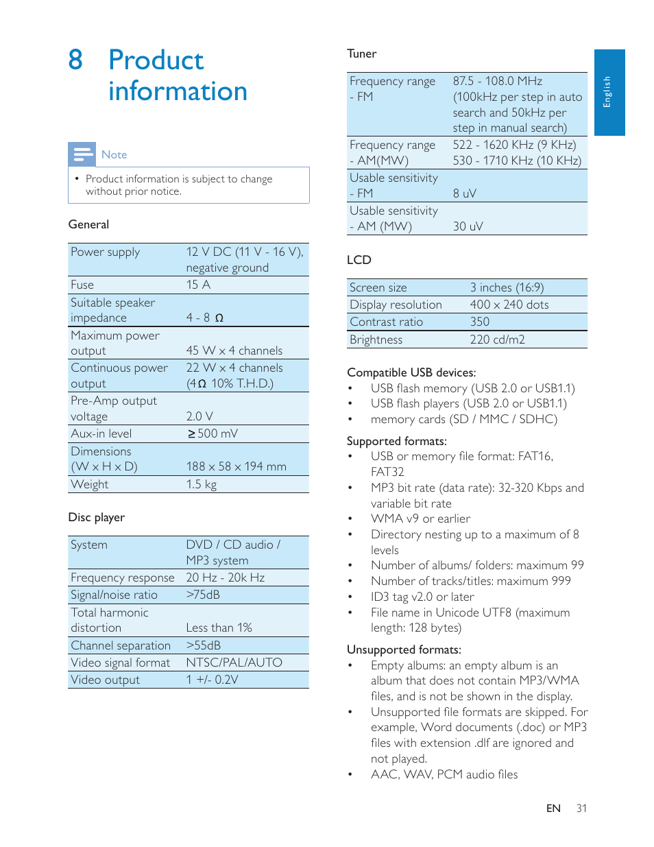 8 product information | Philips CED228 User Manual | Page 30 / 33