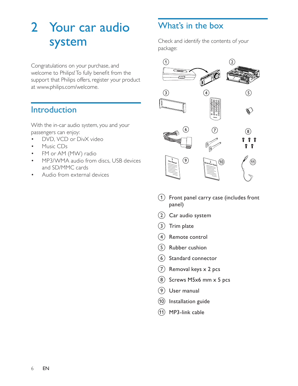 2 your car audio system, What’s in the box, Introduction | Philips CED228 User Manual | Page 5 / 33