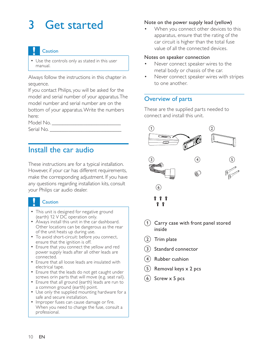 3 get started, Install the car audio, Overview of parts | Philips CED228 User Manual | Page 9 / 33