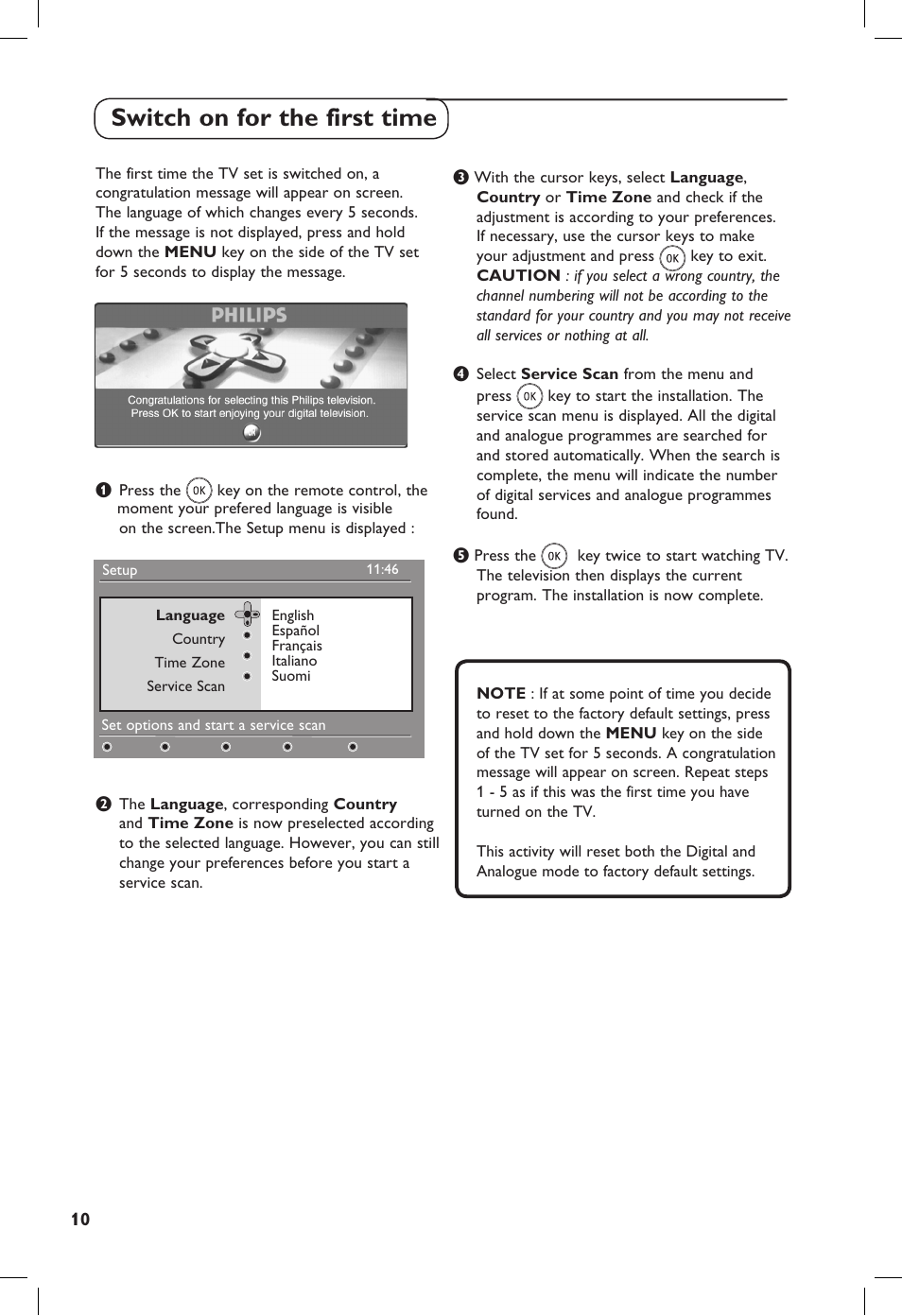 Switch on for the first time | Philips TV Receiver User Manual | Page 14 / 40