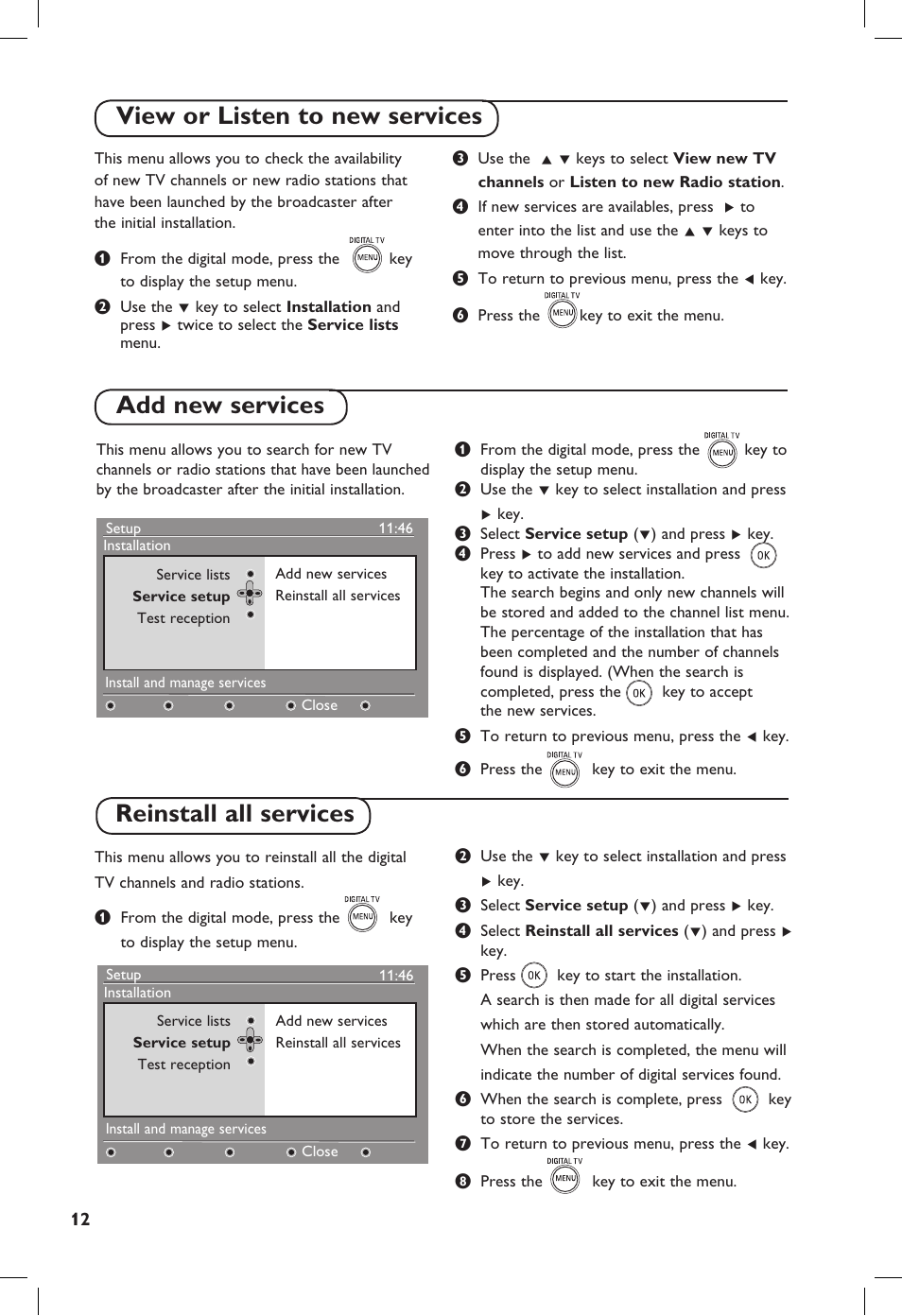 View or listen to new services, Add new services, Reinstall all services | Philips TV Receiver User Manual | Page 16 / 40