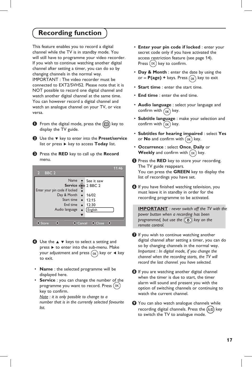 Recording function | Philips TV Receiver User Manual | Page 21 / 40