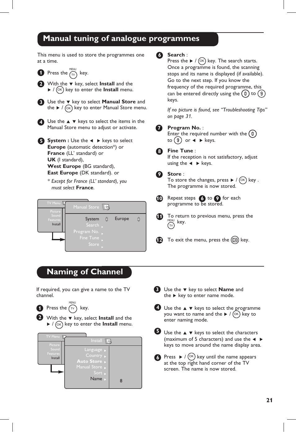 Manual tuning of analogue programmes, Naming of channel | Philips TV Receiver User Manual | Page 25 / 40