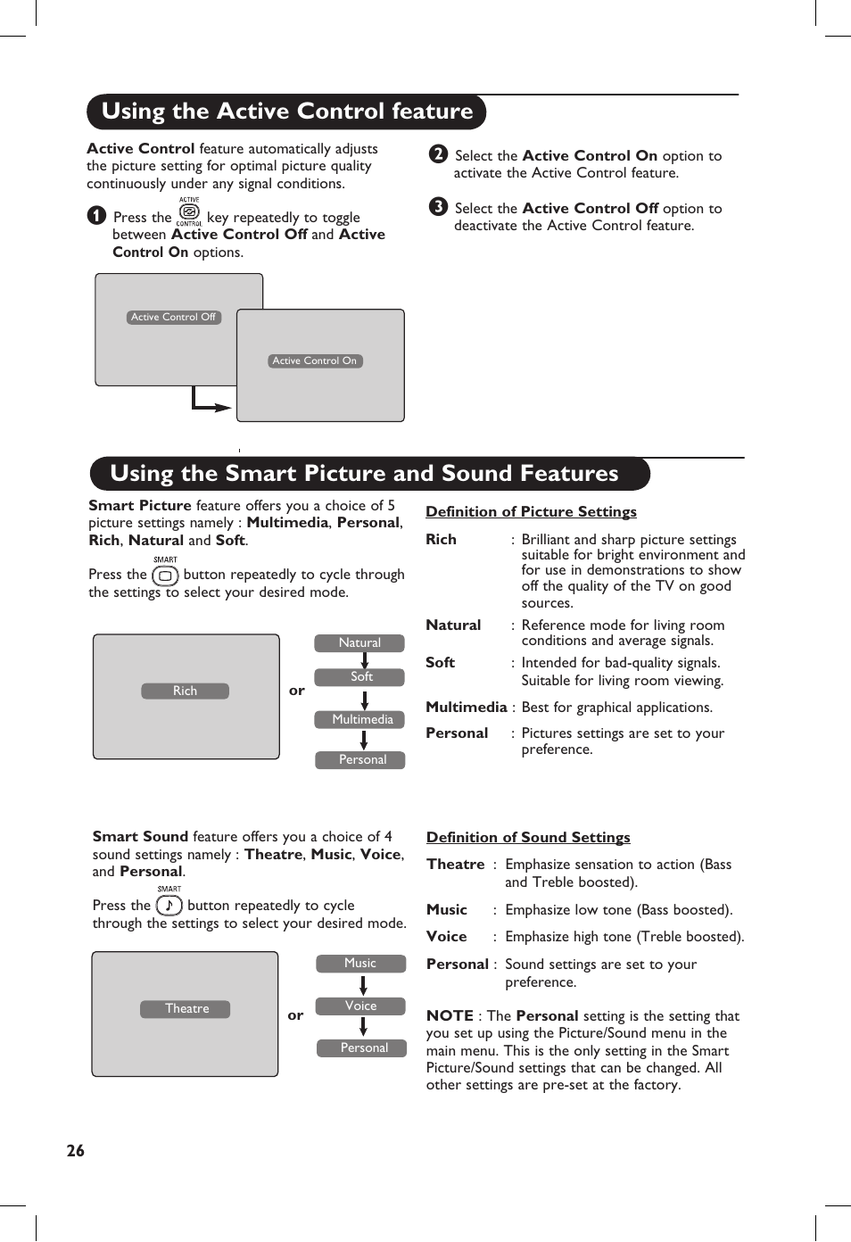 Using the smart picture and sound features, Using the active control feature | Philips TV Receiver User Manual | Page 30 / 40