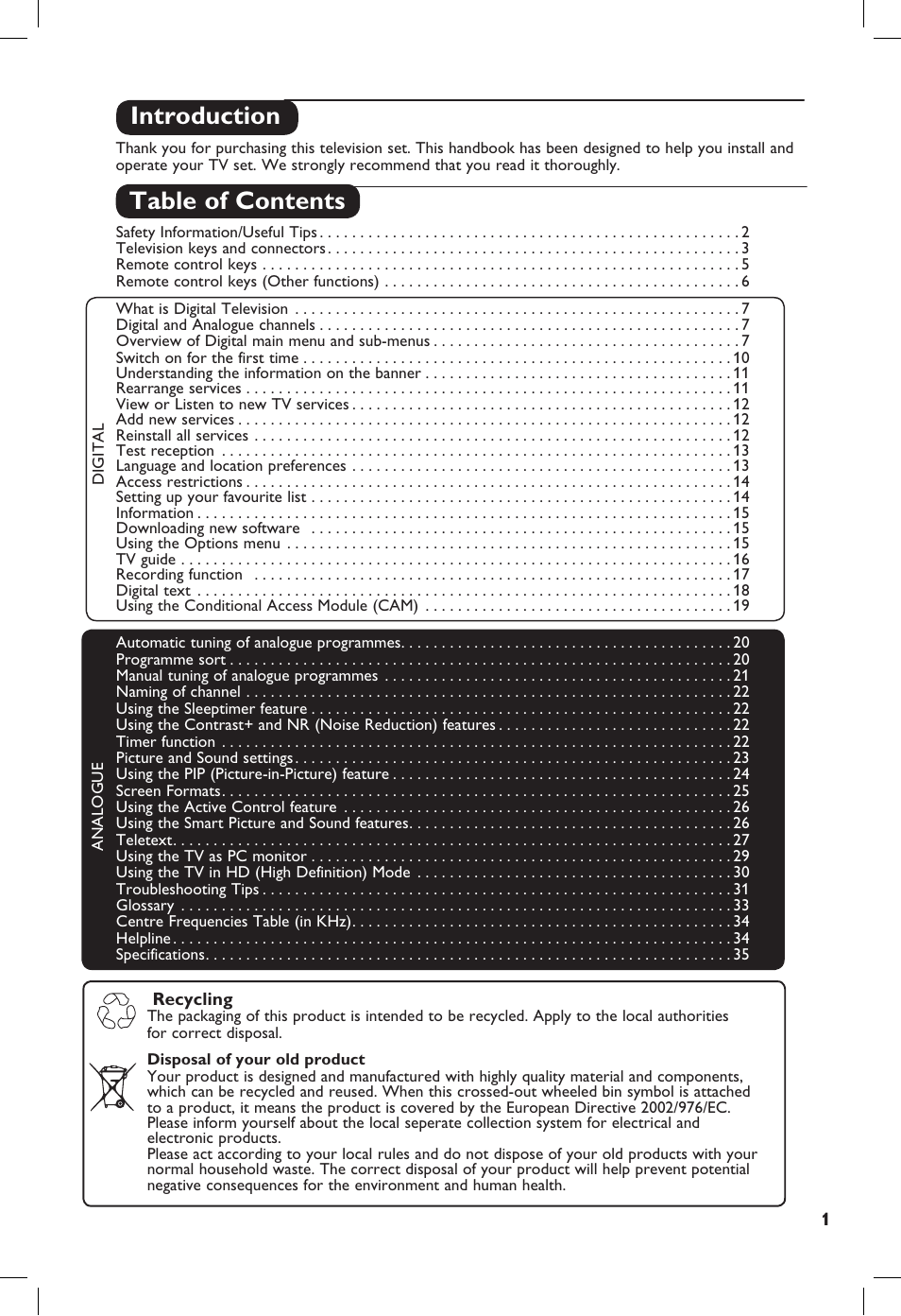 Introduction table of contents | Philips TV Receiver User Manual | Page 5 / 40