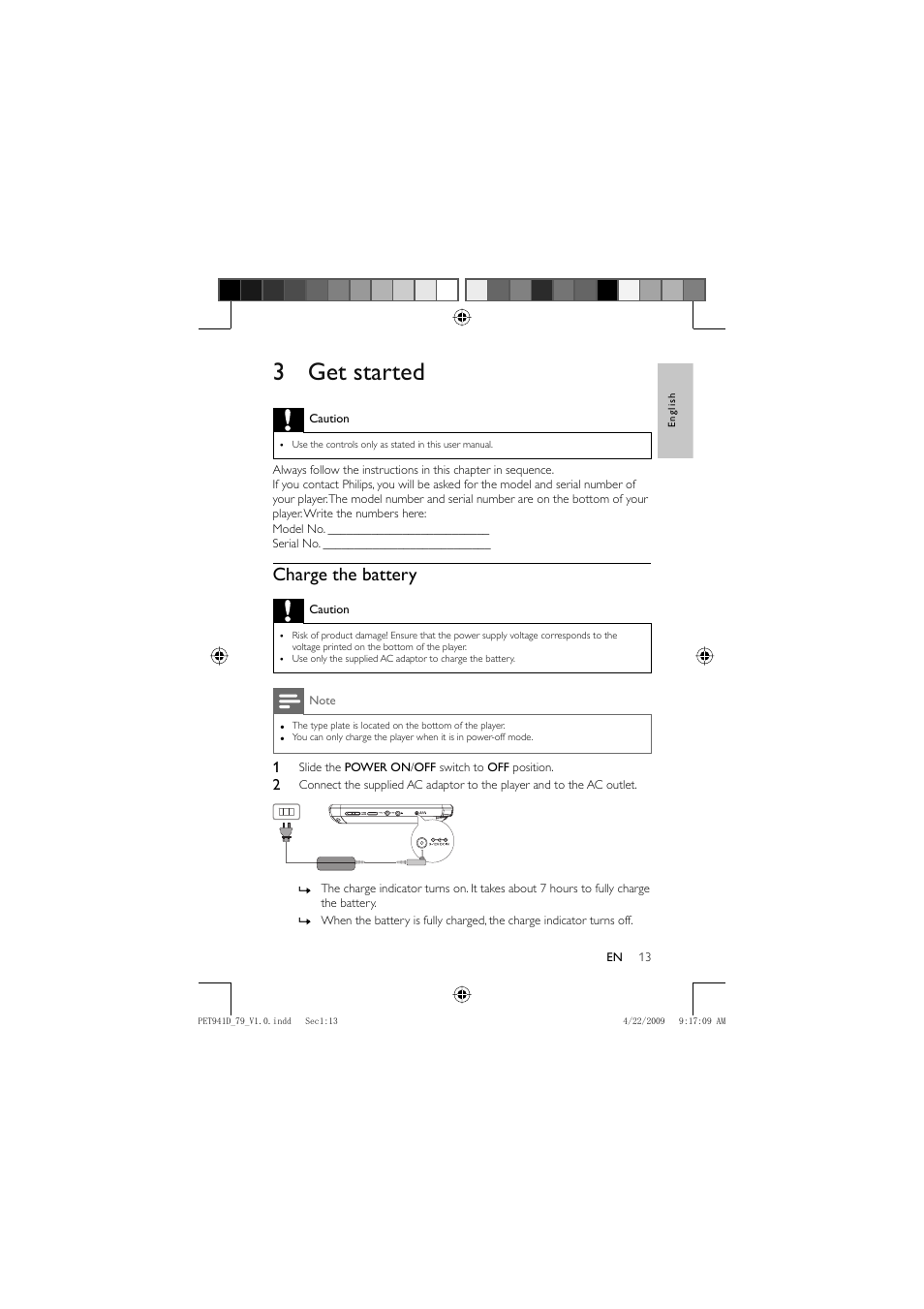 3 get started, Charge the battery | Philips PET941D/79 User Manual | Page 12 / 22