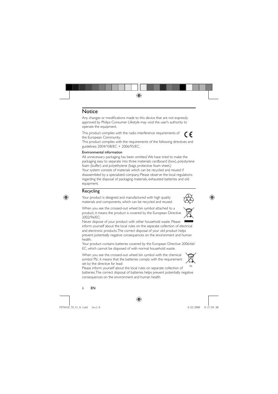 Notice, Recycling | Philips PET941D/79 User Manual | Page 5 / 22
