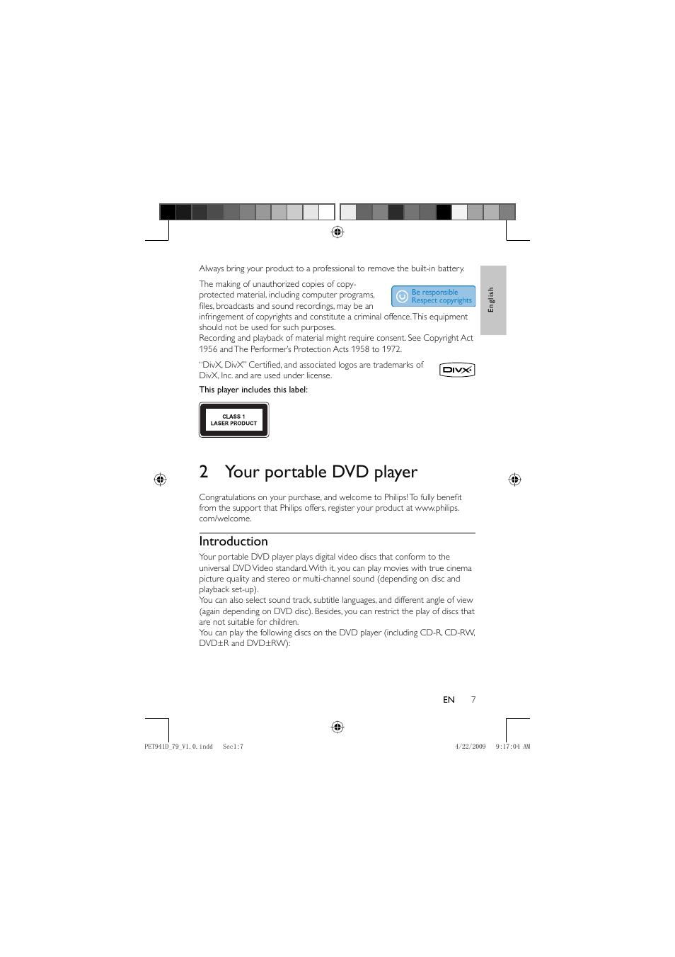 2 your portable dvd player, Introduction | Philips PET941D/79 User Manual | Page 6 / 22