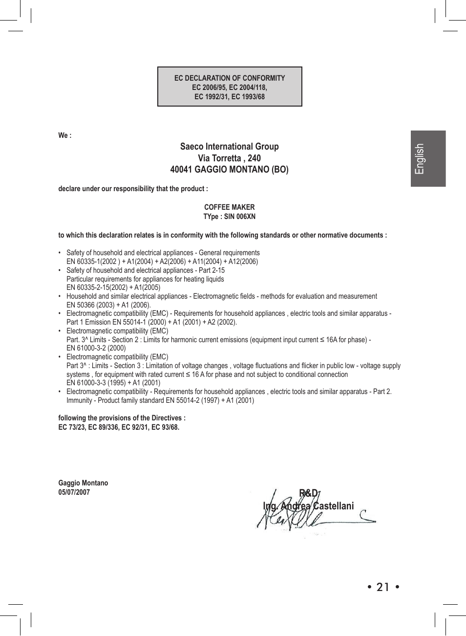 English • 21, R&d ing. andrea castellani | Philips SIN 006XN User Manual | Page 21 / 72