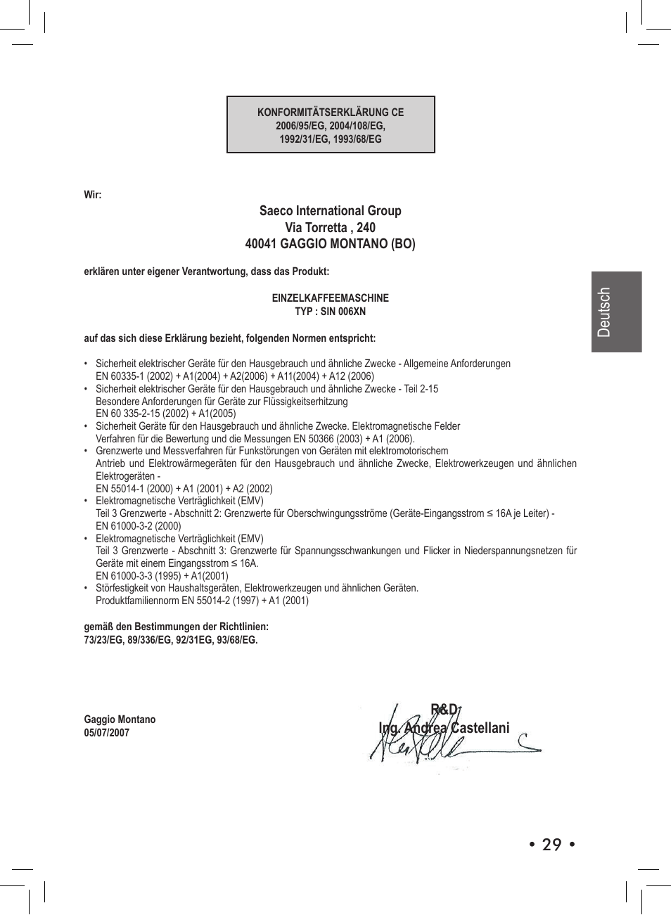 29 • deutsch, R&d ing. andrea castellani | Philips SIN 006XN User Manual | Page 29 / 72