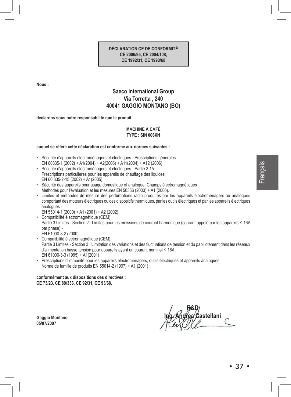 37 • français, R&d ing. andrea castellani | Philips SIN 006XN User Manual | Page 37 / 72