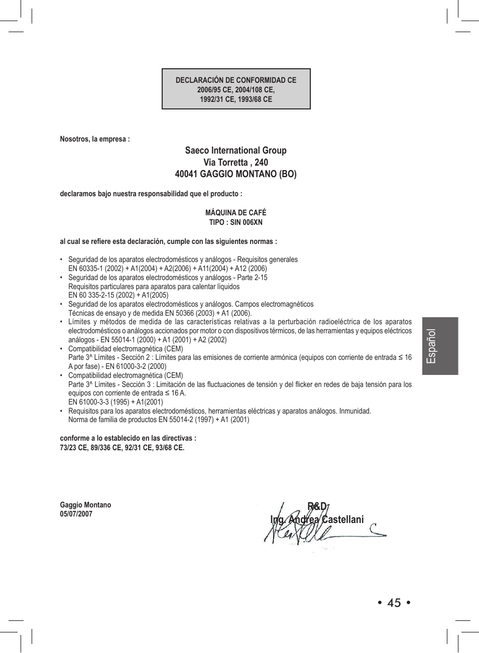 45 • español, R&d ing. andrea castellani | Philips SIN 006XN User Manual | Page 45 / 72