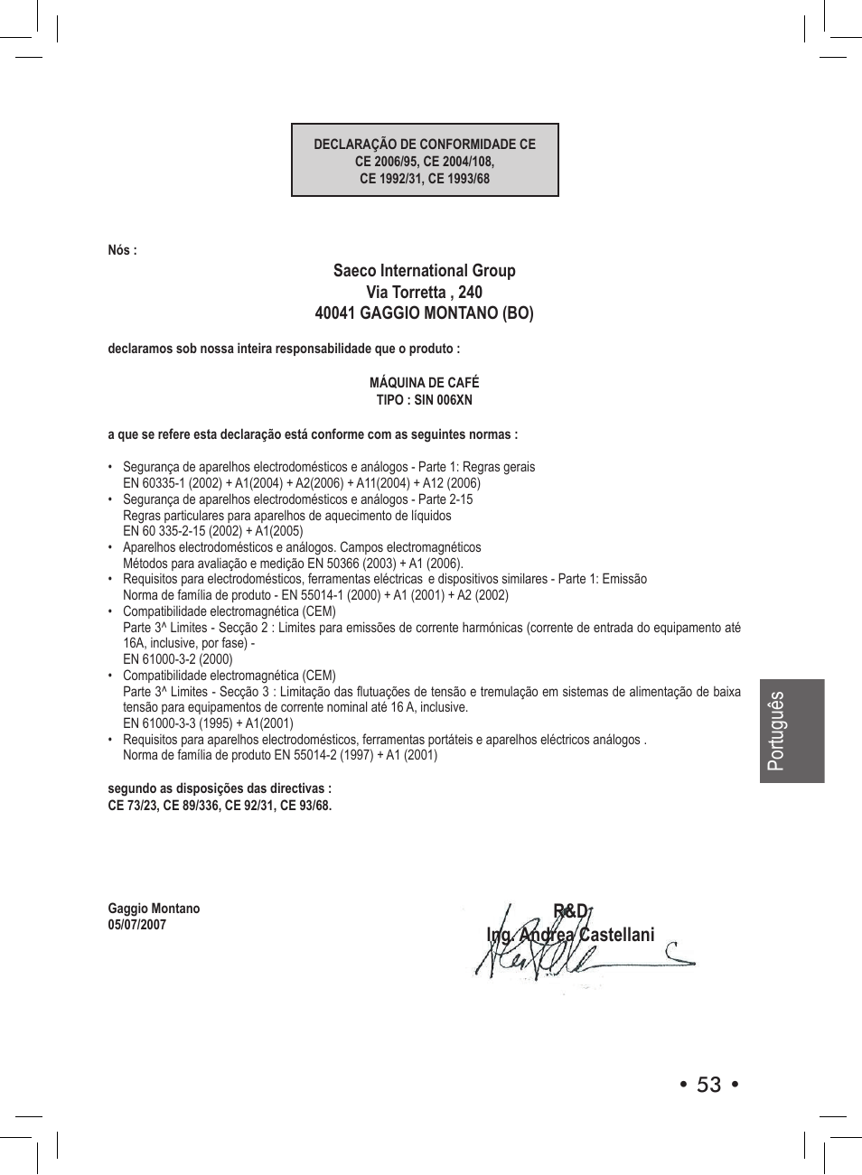 53 • português, R&d ing. andrea castellani | Philips SIN 006XN User Manual | Page 53 / 72