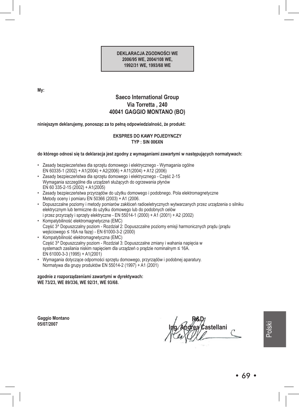 69 • polski, R&d ing. andrea castellani | Philips SIN 006XN User Manual | Page 69 / 72