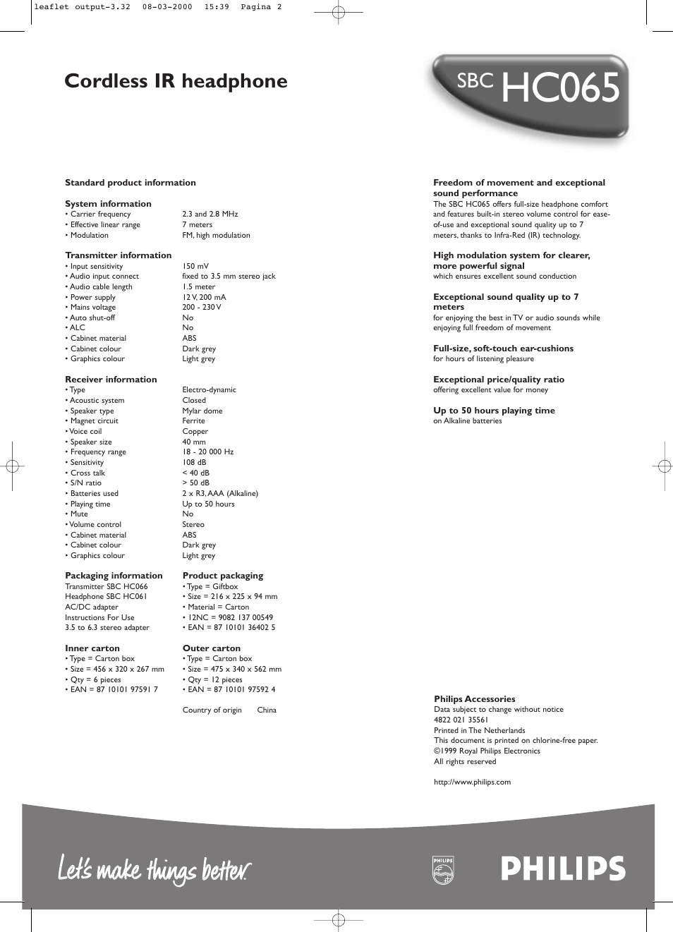 Hc065, Cordless ir headphone | Philips SBC HC065 User Manual | Page 2 / 2