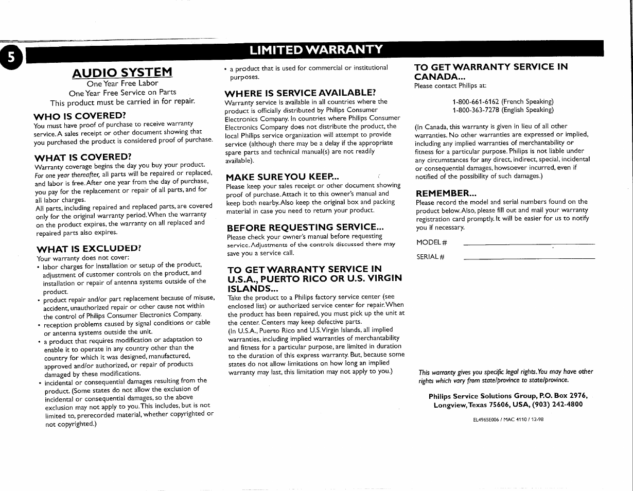 Audio system, Limited warranty | Philips FW-M55 User Manual | Page 11 / 98