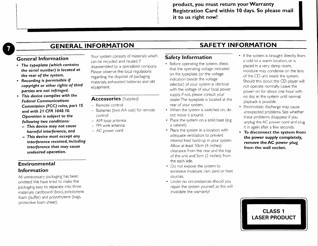 General information, Environmental, Information | Safety information, General information safety information, Environmental information, Accessories | Philips FW-M55 User Manual | Page 14 / 98