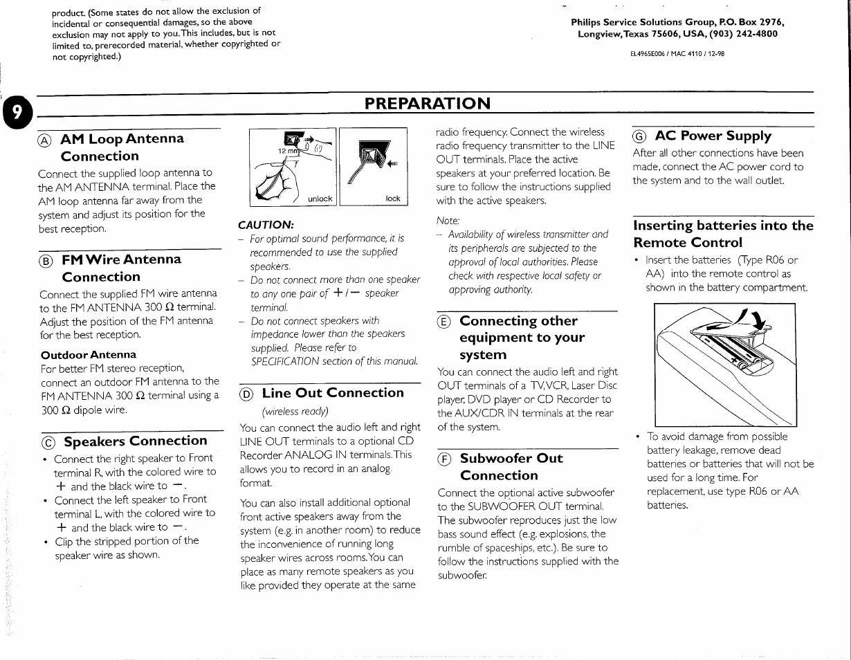 Outdoor antenna, Preparation, Am loop antenna connection | Fm wire antenna connection, C) speakers connection, P) line out connection, D connecting other equipment to your system, Subwoofer out connection, Ac power supply, Inserting batteries into the remote control | Philips FW-M55 User Manual | Page 16 / 98