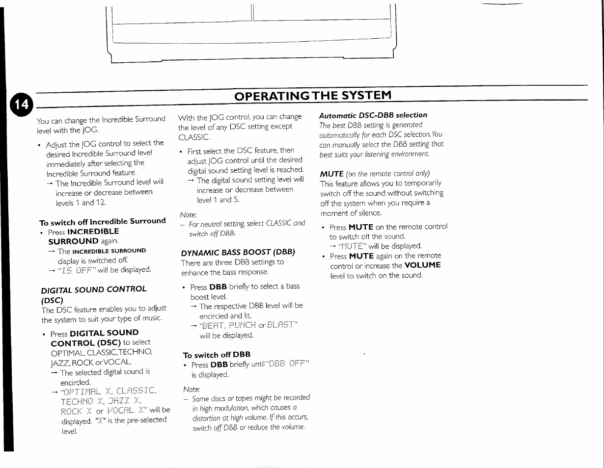To switch off incredible surround, To switch off dbb, Operating the system | Philips FW-M55 User Manual | Page 21 / 98