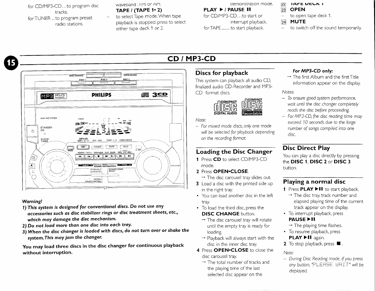 Loading the disc changer, Disc direct play, Playing a normal disc | Fifigrl [o]dsi, Cd/mp3-cd, Discs for playback | Philips FW-M55 User Manual | Page 22 / 98