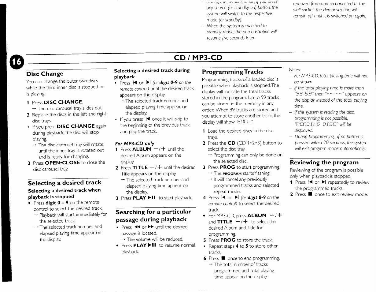 Disc change, 1 press disc change, Selecting a desired track | Selecting a desired track during playback, Searching for a particular passage during playback, P rogram m i n g tr ac ks, Reviewing the program, Cd / mp3-cd | Philips FW-M55 User Manual | Page 23 / 98