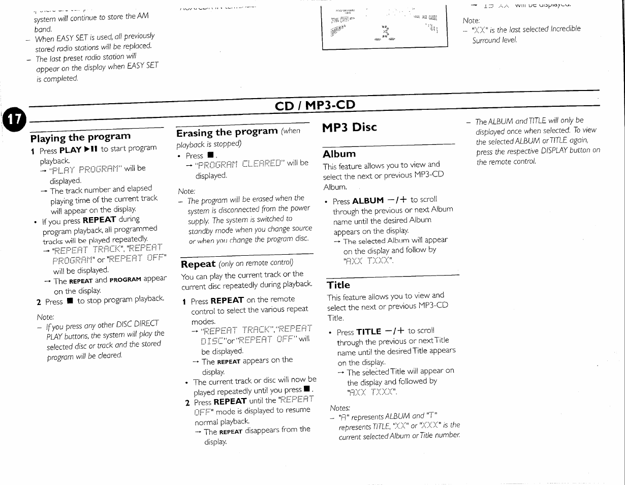 Erasing the program (when, Album, Title | Cd/mp3-cd, Mp3 disc, Playing the program, Erasing the program, Repeat | Philips FW-M55 User Manual | Page 24 / 98