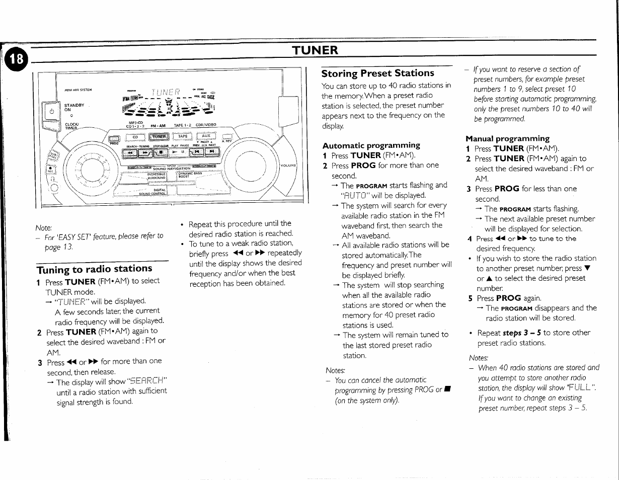 Tuning to radio stations, Storing preset stations, Automatic programming | Manual programming, 1 press tuner (fm*am), Tuner | Philips FW-M55 User Manual | Page 25 / 98
