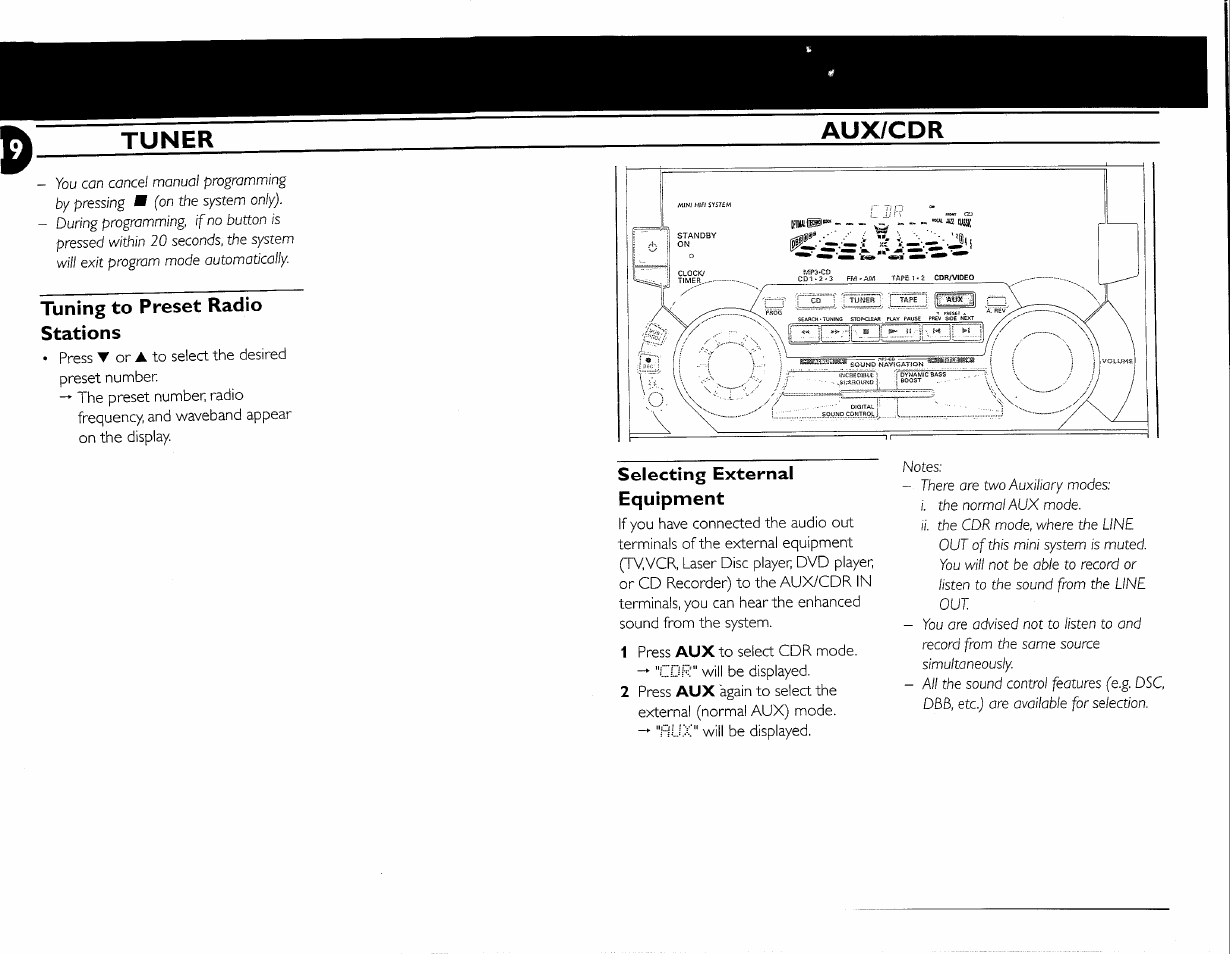 Tuning to preset radio stations, Selecting external equipment, Tuner | Aux/cdr | Philips FW-M55 User Manual | Page 26 / 98