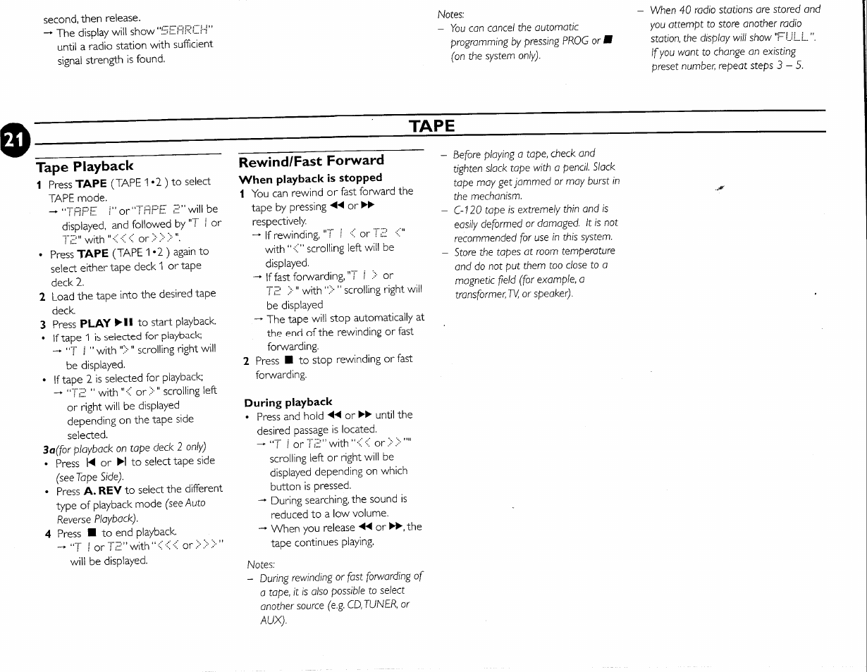 Tape playback, Rewind/fast forward, During playback | Tape | Philips FW-M55 User Manual | Page 28 / 98