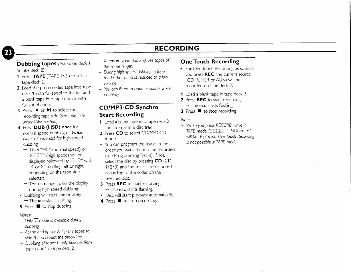 Cd/mp3-cd synchro start recording, One touch recording, Recording | Dubbing tapes | Philips FW-M55 User Manual | Page 30 / 98