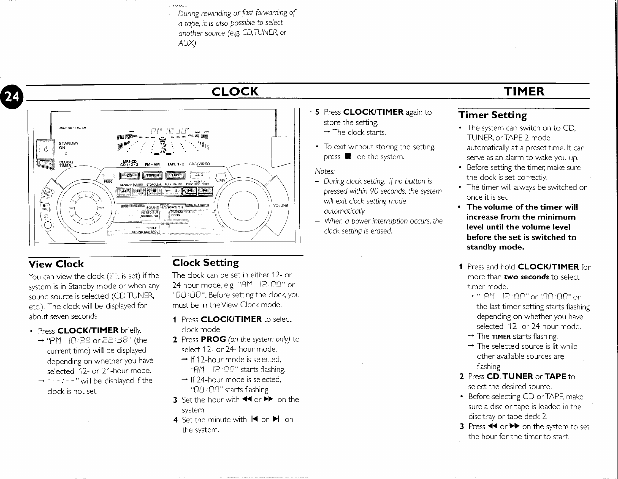 View clock, Clock setting, Timer setting | Clock timer | Philips FW-M55 User Manual | Page 31 / 98