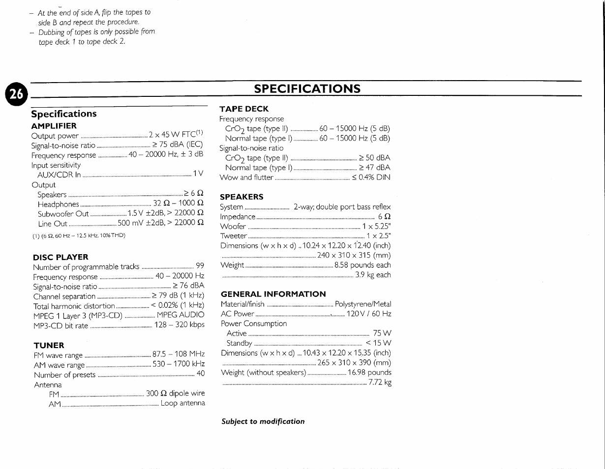 Specifications | Philips FW-M55 User Manual | Page 33 / 98