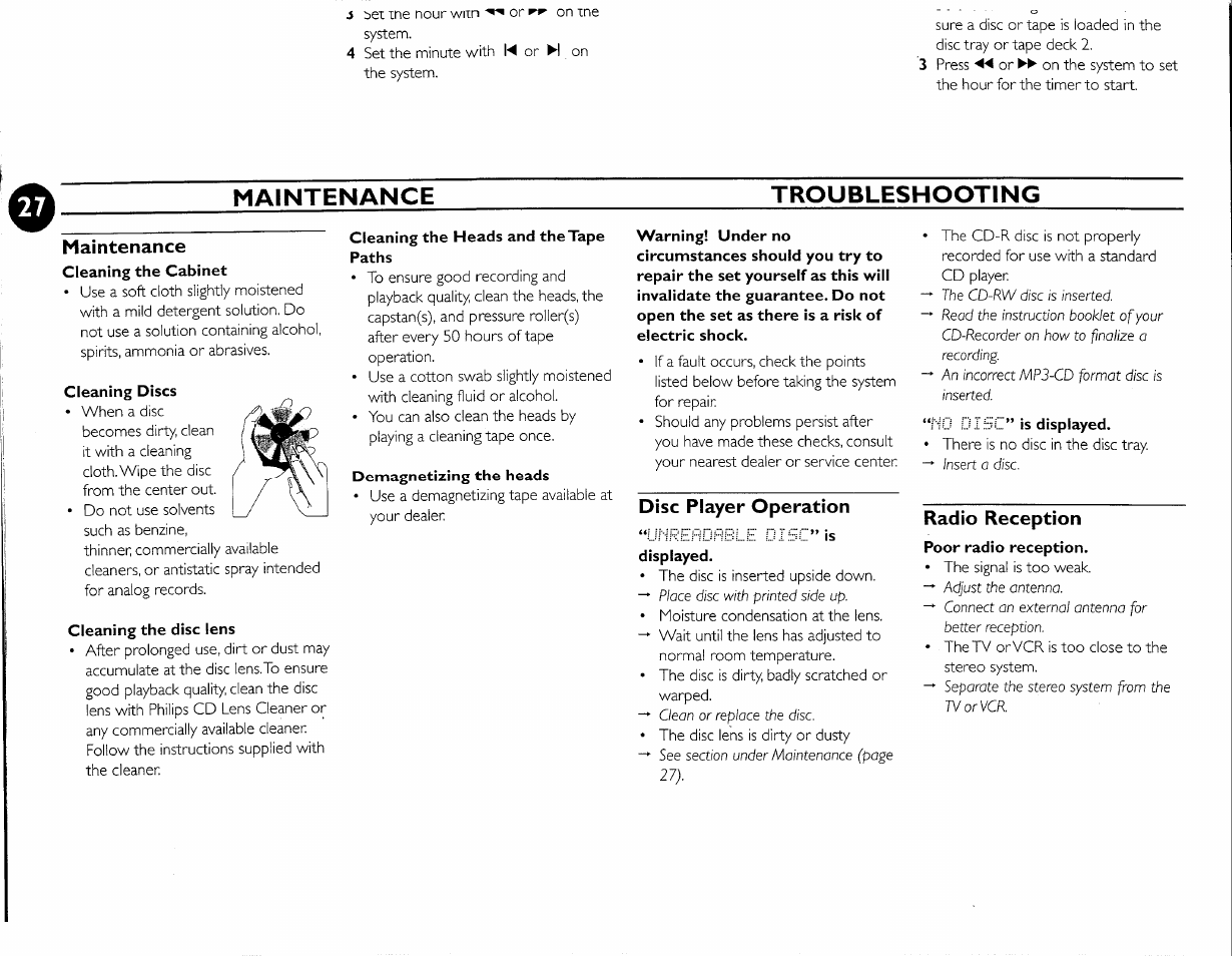 Maintenance, Disc player operation, Radio reception | Maintenance troubleshooting | Philips FW-M55 User Manual | Page 34 / 98