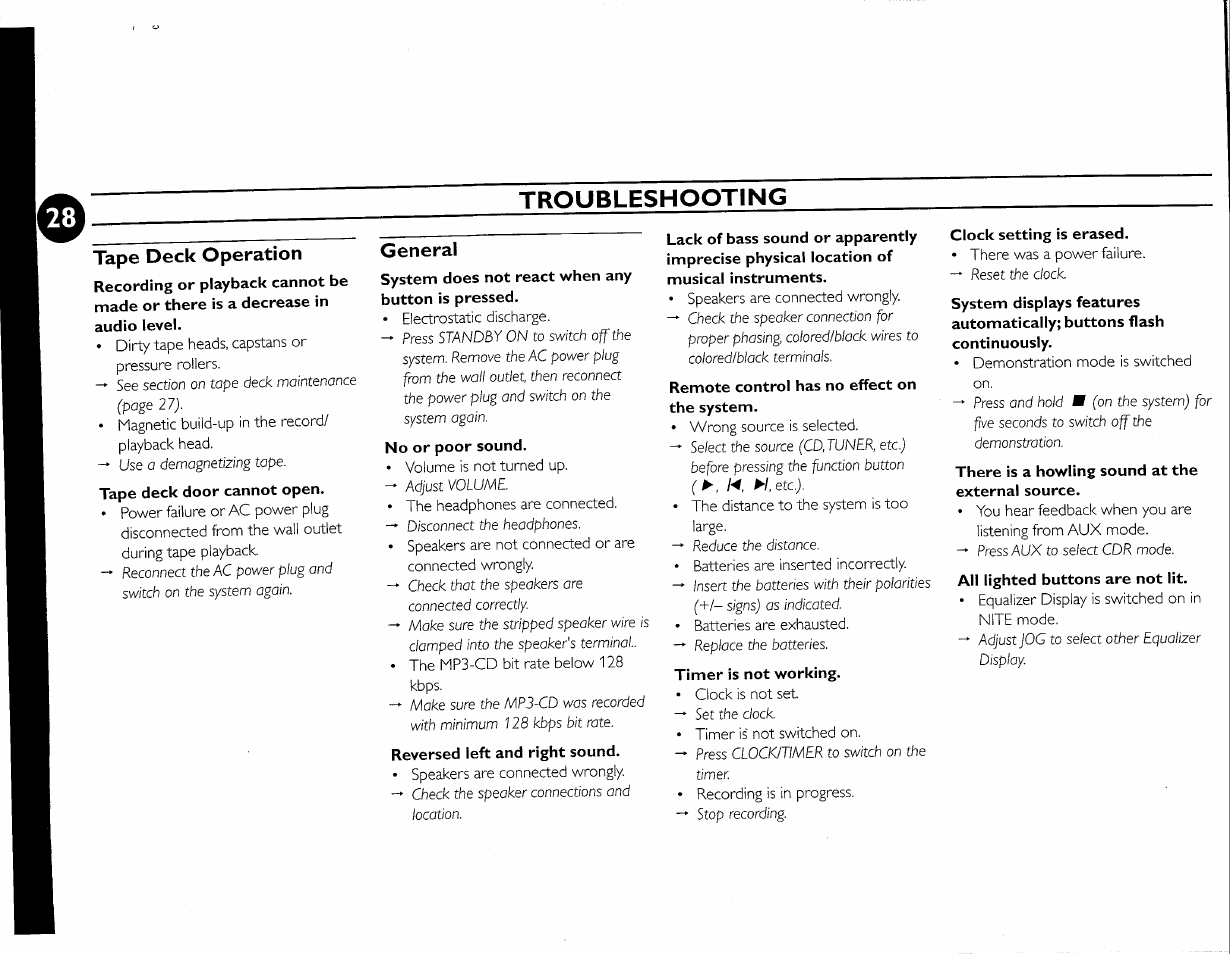 Tape deck operation, General, Troubleshooting | Philips FW-M55 User Manual | Page 35 / 98