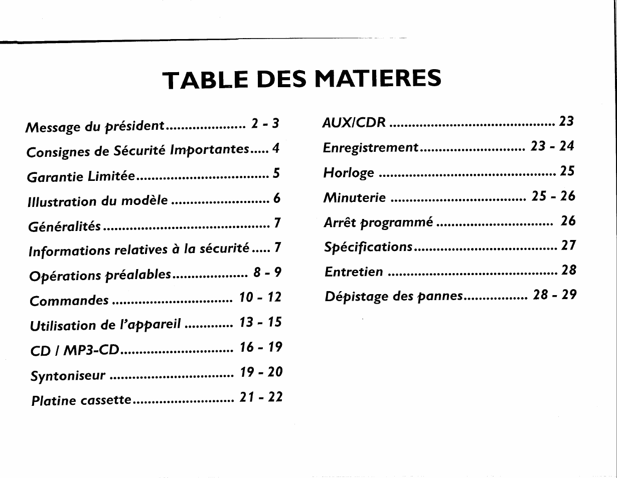 Table des, Matieres | Philips FW-M55 User Manual | Page 38 / 98