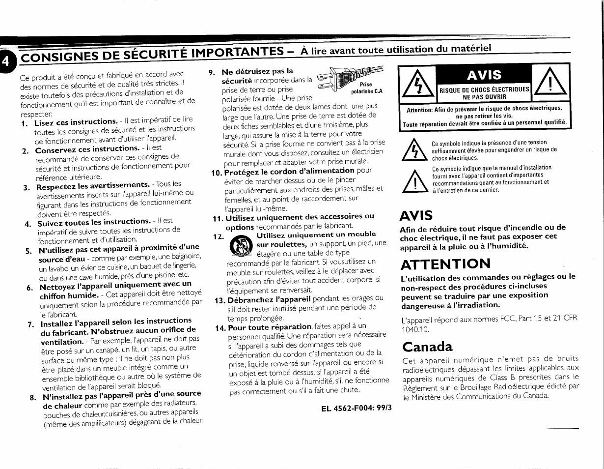 Avis, Attention, Canada | Philips FW-M55 User Manual | Page 41 / 98